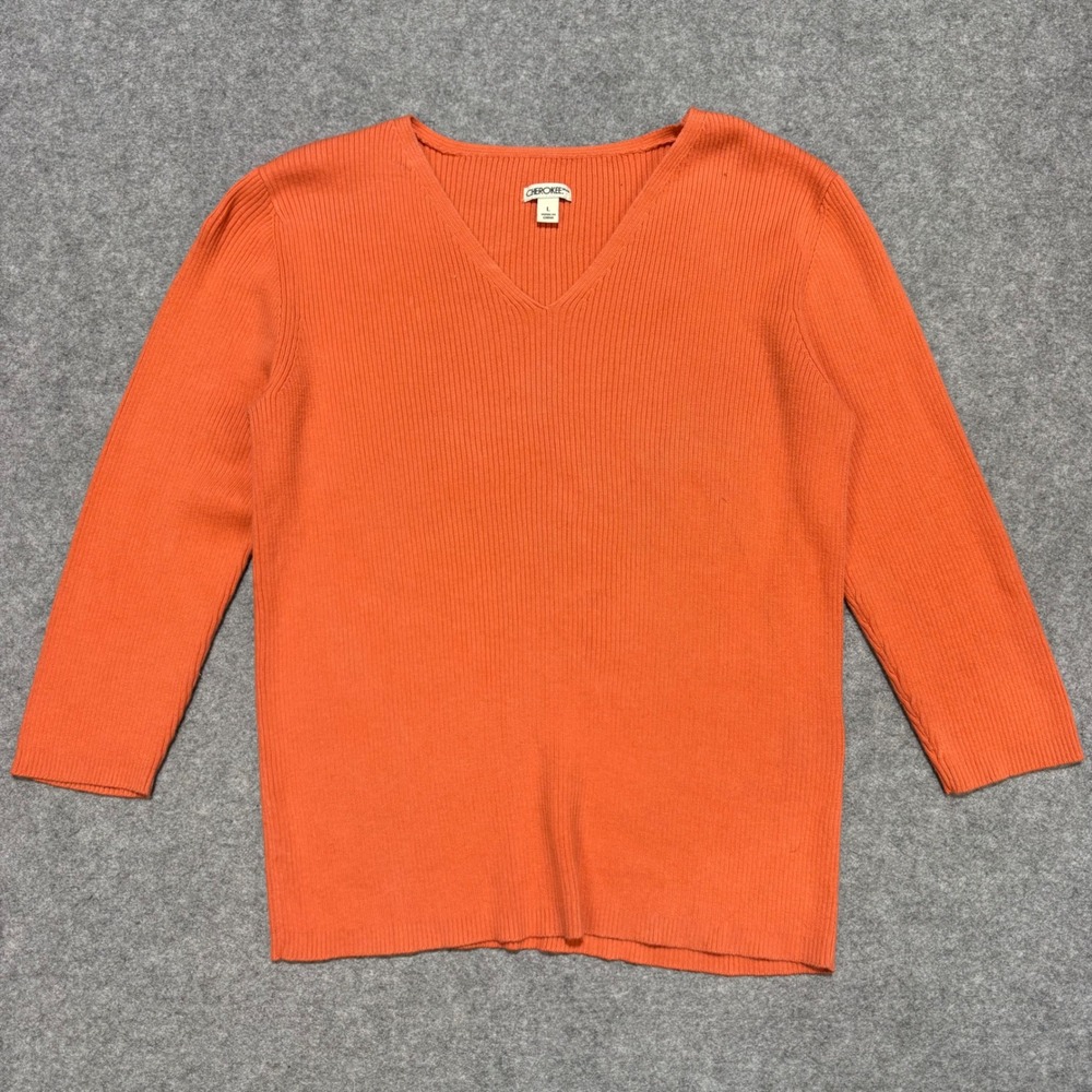 Cherokee Orange Ribbed V-Neck 3/4 Sleeve Knit Sweater Womens Large